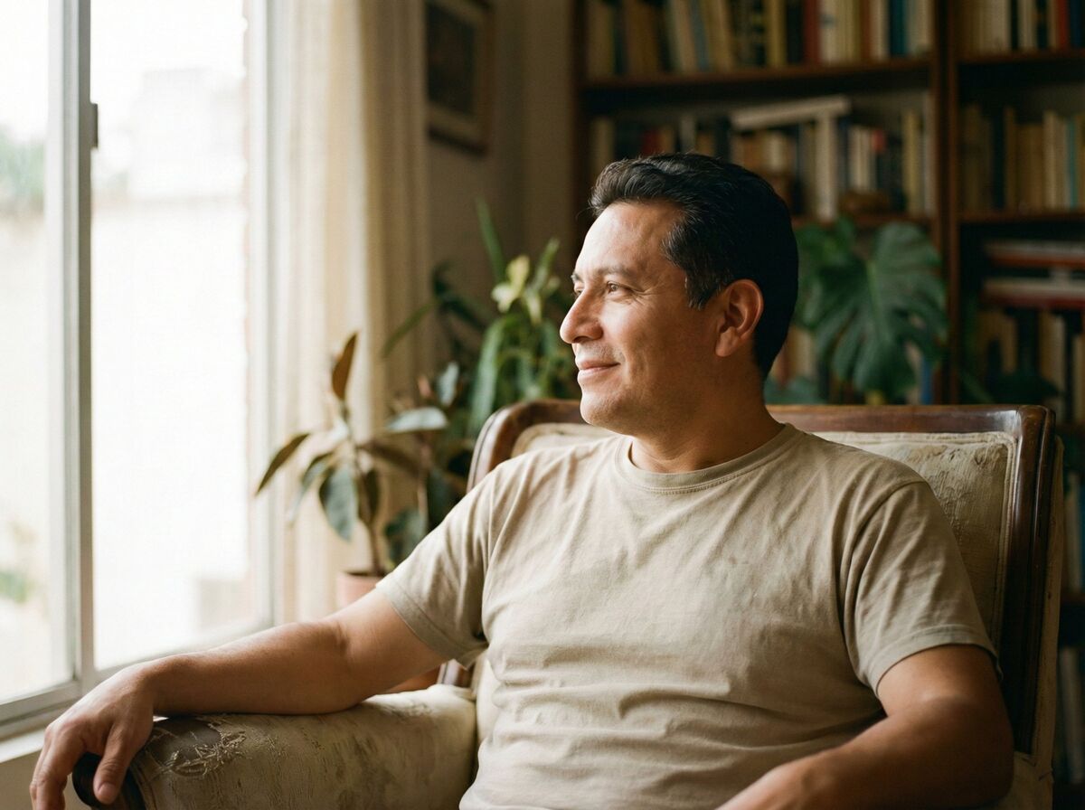 Hombre de mediana edad mirando por la ventana con expresión tranquila